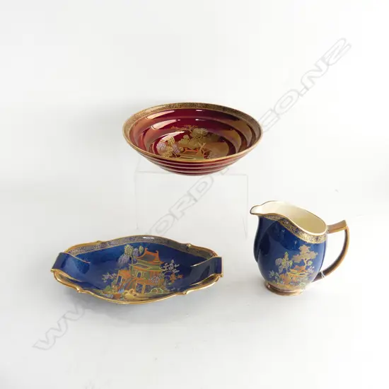 3 PCES CARLTON WARE; ROUGE ROYALE BOWL 230mm dia + BLUE JUG & DISH