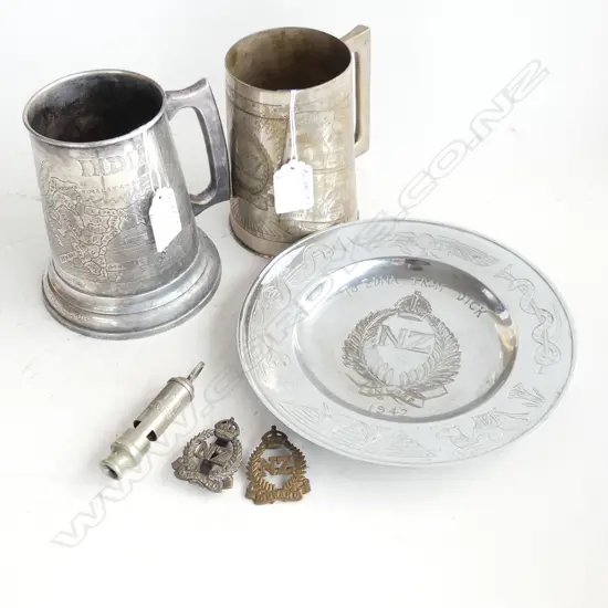 3 ENGRAVED S/PLATE MILITARY MEMORIAL ITEMS: 'NZ ONWARD' TANKARD ETC + 2 BADGES & WHISTLE