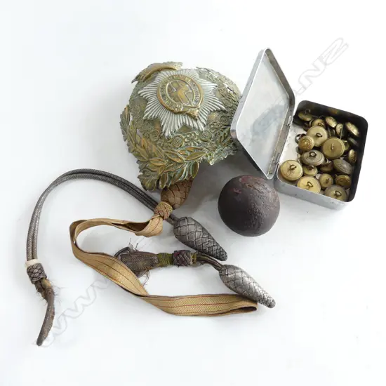 ANTIQUE MILITARY ITEMS: LRG BRASS HAT PLAQUE AF. 3 SWORD KNOTS. NZ BUTTONS + SMALL CANNONBALL