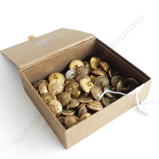 BOX OF MILITARY BRASS BUTTONS: CHINA + UK ETC