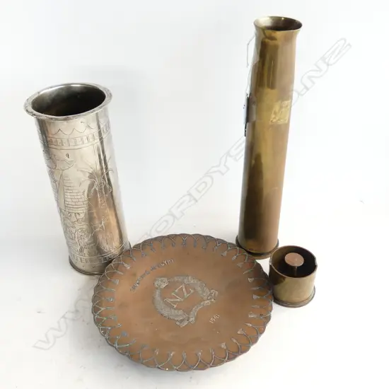 4 WWII MILIATARY SOUVENIRS: 2 SHELLS 9Egypt + Fiji) + Egypt 1941 dish