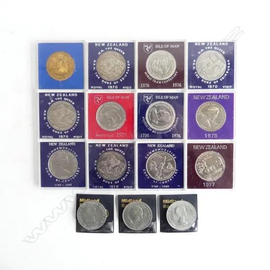 BOX OLD CASED COMMEMORATIVE COINS; NZ, ISLE OF MAN, BUCKINGHAM PALACE ETC..