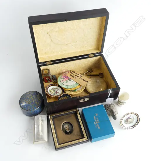 VICTORIAL ROSEWOOD WORKBOX + COLLECTABLE CONTENTS: FOSSIL , SML TIN ETC