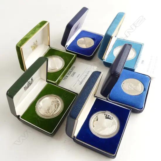6 SILVER PROOF DOLLAR COINS; 4 NZ BIRDS + 2 OTHER