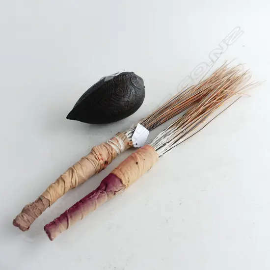 OLD FINELY CARVED COCONUT W 2 TIGERS + 2 FEATHER WANDS