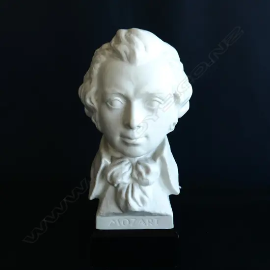 MOZART BISQUE BUST ON WOODEN PLINTH, SIGNED BUCHANNAN, H. 220MM