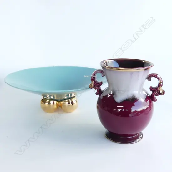 LGE TEAL BLUE FLARED BOWL W 3 GILT BALL FEET Dia.380mm+ RED VASE w gilt highlights 