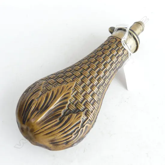 ANTIQUE COPPER & BRASS POWDER FLASK BASKET WEAVE PATTERN