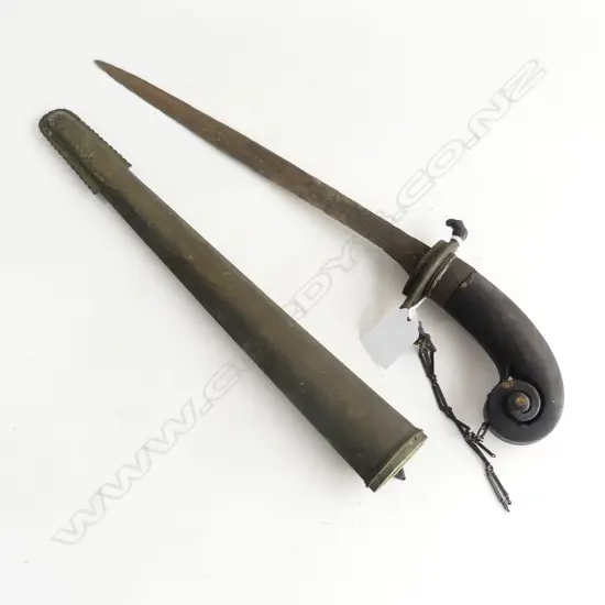 BURMESE SHORT SWORD IN SCABBARD SCROLL HANDLE L460MM
