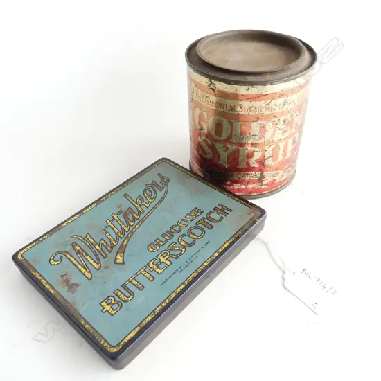 2 VINTAGE NZ DECORATIVE TINS - CHELSEA GOLDEN SYRUP H.110mm & WHITTAKERS BUTTERSCOTCH 110x145mm