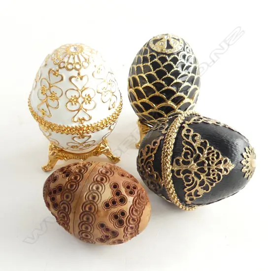 4 EGG CONTAINERS; 3 ENAMEL, 1 CARVED MATERIAL