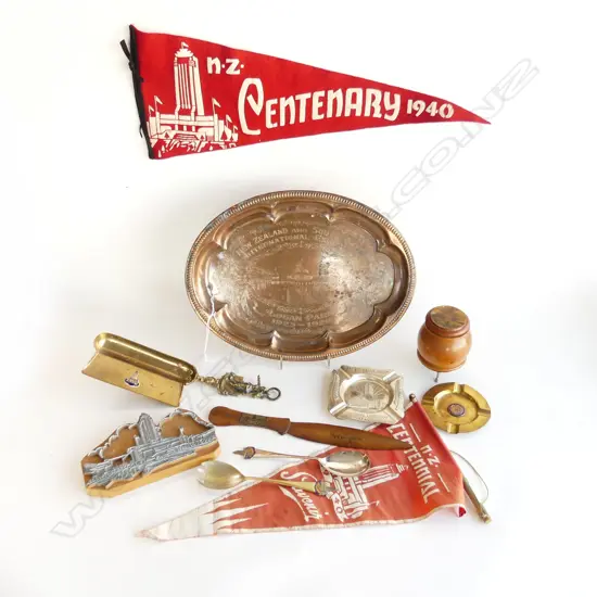 NZ CENTENNIAL EXHIBITION SILVER PLATE TRAY WITH COLLECTION OF EXHIBITION MEMORABILIA 