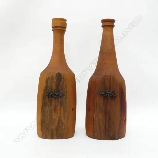 TWO WOODEN BOTTLES H. 350MM