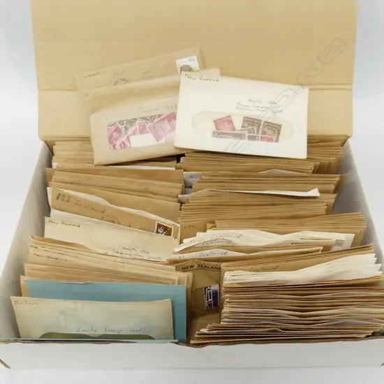 BOX OF VINTAGE NZ STAMPS IN ENVELOPES 