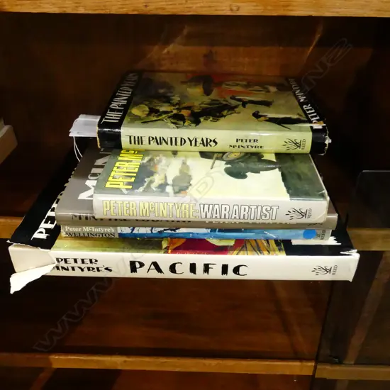 5 PETER McINTYRE ART BOOKS; WELLINGTON, COUNTRY, PAINTED YEARS, WAR ARTIST, PACIFIC - SOME SIGNED