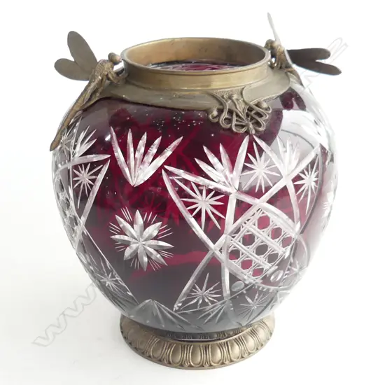 VENETIAN RED FLASHED CUT GLASS LGE VASE gilt metal mounts w dragonflies H.225mm