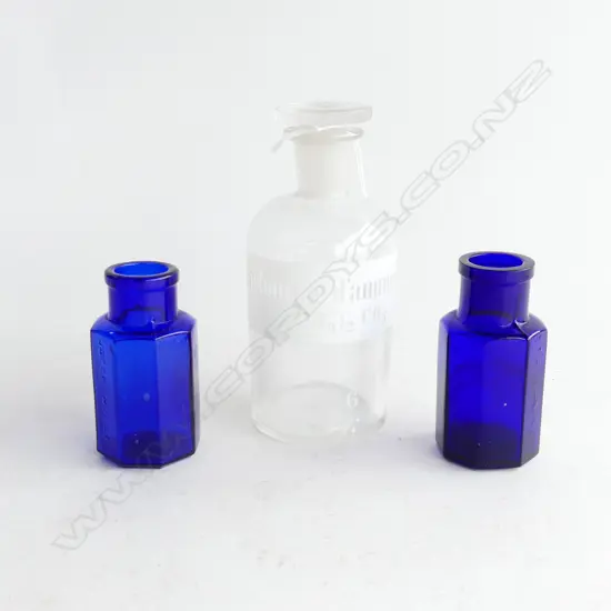 TWO BLUE GLASS STRYCHNINE BOTTLES & CARBONATE D'AMMON LAB BOTTLES 