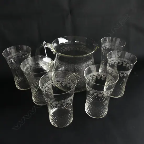 EDWARDIAN FINE ENGRAVED CRYSTAL JUG & 6 TUMBLER SET 