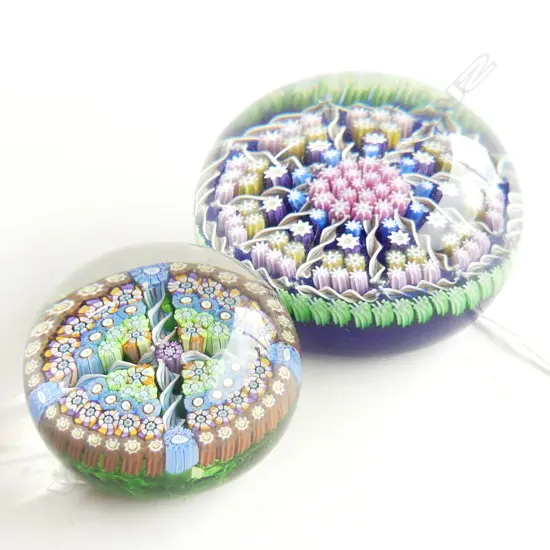 2 PERTHSHIRE CRYSTAL ART GLASS PAPERWEIGHTS w.  RADIAL TWIST & MILLEFIORI DESIGN 75 / 50mm dia  