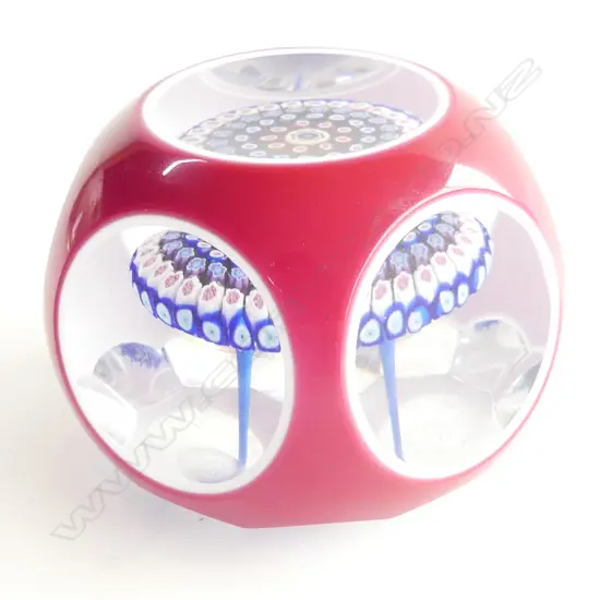 BACCARAT FACETED MILLEFIORI GLASS PAPERWEIGHT - RED OVERLAY - STAMPED & DATED 1973 75mm dia