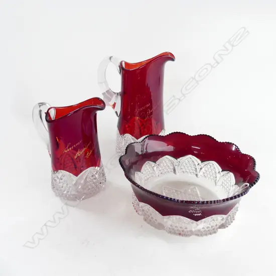 2 LG CRANBERRY & CLEAR GLASS JUGS (H. 210, 165MM)& 1 LG BOWL (DIA 205MM)- ENGRAVED C1913 - 1926