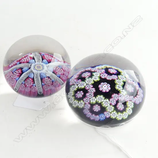 2 WHITEFRIARS CRYSTAL MILLEFIORI ART GLASS PAPERWEIGHTS w. MONK CANE 1972 / 1975 80mm dia