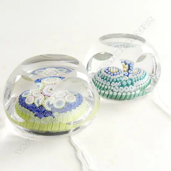 2 WHITEFRIARS FACETED CRYSTAL MILLEFIORI ART GLASS PAPERWEIGHTS w. MONK CANE 1972/ 1976 75mm dia 