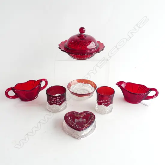 7 PCS VINTAGE CRANBERRY GLASS ENGRAVED WITH CENTENNIAL EXHIBITION ETC.. EARLY 1900'S