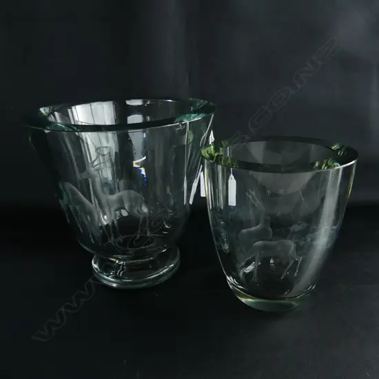 2 ORREFORS (UNMARKED) ETCHED DEER VASES (LARGER w. RIM CHIP) H.180 / 140mm
