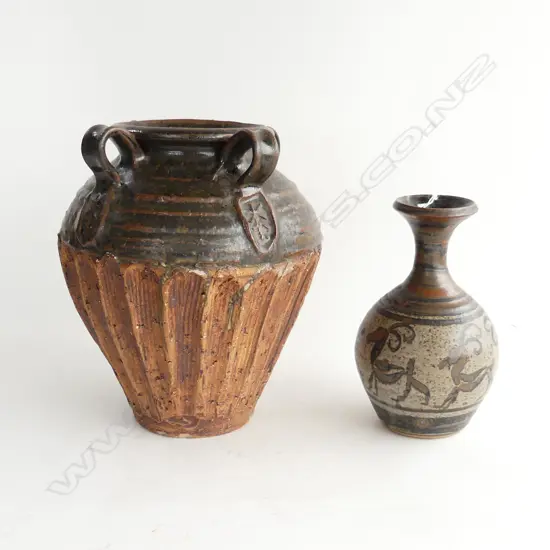LG WILF WRIGHT POTTERY VASE (H 245MM) A/F + STEPHEN CARTER POTTERY VASE (H. 200MM)