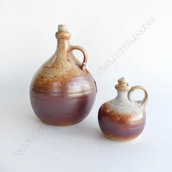 2 x ANDREW VAN DER PUTTEN SHINO POTTERY JUGS w stoppers. H's.220 & 120mm.