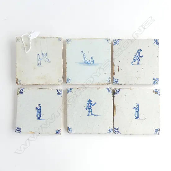 6 ANTIQUE DUTCH DELFT TILES B & W. SWING. BOWLING ETC 130 x 130mm