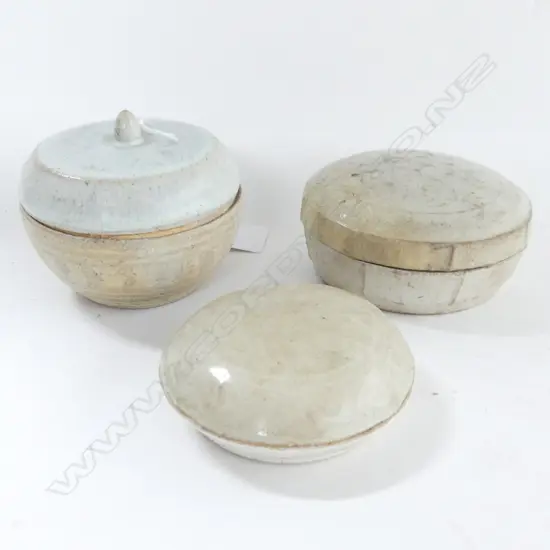 3 SMALL CELADON COVERED BOXES 90mm dia