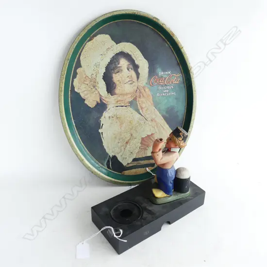 VINTAGE HEINEKEN ADVERTISING SIGN, H205mm & VINTAGE COCA COLA OVAL TRAY 405 X 315MM