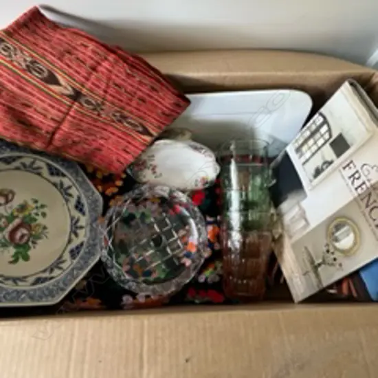 BOX LOT PEGGY SQUARE BLANKET, 2 BOOKS, CERAMICS ETC