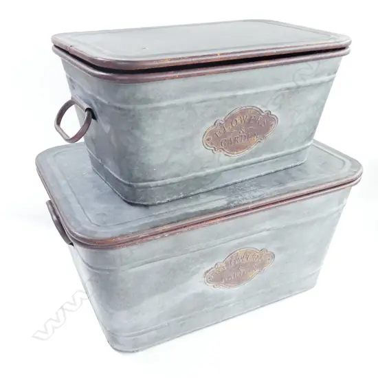 2 LG VINTAGE STYLE GALVANISED METAL CONTAINERS 520x350x255mm