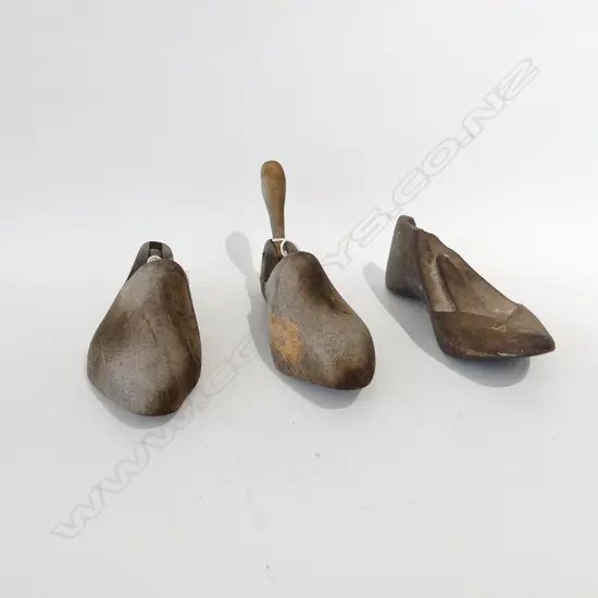 3 SHOE RELATED ITEMS. 2 WOODEN INSERTS & A CAST IRON LAST