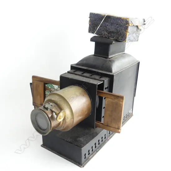 C1900 GERMAN ? EBONISED TIN & BRASS MAGIC LANTERN L.400mm W SLIDES