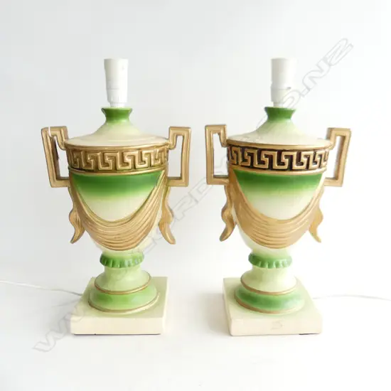 PR LG GREEN & GOLD PAINTED GRECIAN STYLE CERAMIC TABLE LAMP BASES H. 470