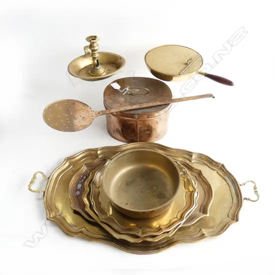 9 PCES ASST. VINTAGE BRASS; 4 TRAYS L.640mm, LIDDED PAN, BOWL, CANDLESTICK, LG COPPER WALL SPOON, CONTAINER L.545mm