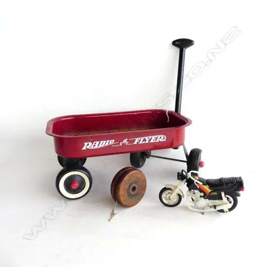 RED VINTAGE PULL-ALONG TRAILER (L320MM, OLD MOTORCYLE TOY (L150MM) & VINTAGE WOODEN YOYO (DIA 75MM)