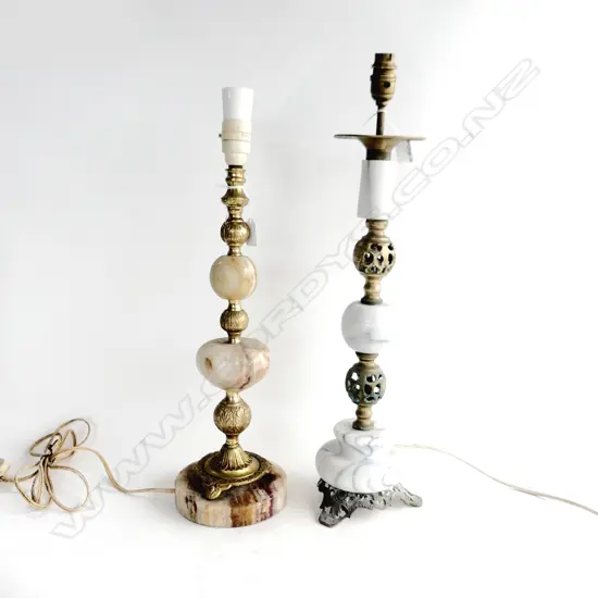 2 BRASS & MARBLE TABLE LAMP BASES, ONE GREY, ONE RED H. 535, 610MM