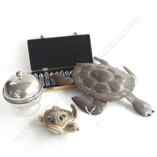 4 ITEMS. 2 TURTLES, ONE METAL . BOXED CRYSTAL KNIFE RESTS & SILVER PLATED CANDLEABRA