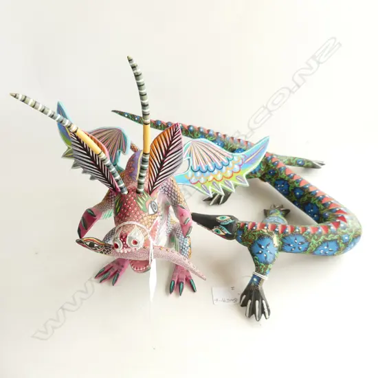 2 MEXICAN ALEBRIJIE DREAM CREATURES carved wood brightly painted H.300mm tallest