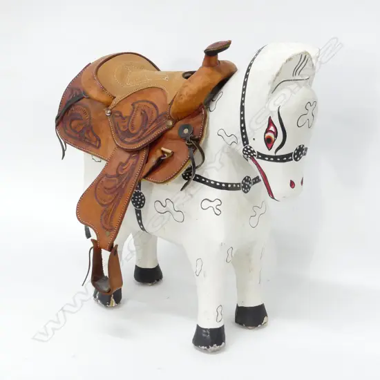WOODEN PAINTED HORSE (L 330) & TOOLED LEATHER WESTERN SADDLE TO FIT