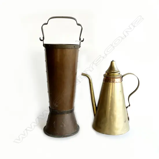 TALL RIVETED COPPER BUCKET H.450mm + BRASS JUG H.350mm