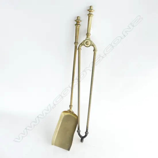 2 BRASS FIRE TOOLS; SPADE & PINCERS L.600mm