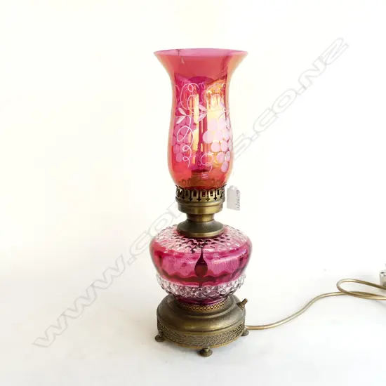 ANTIQUE CRANBERRY GLASS ELECTRIFIED KERO LANTERN H.400mm (CHIMNEY BROKEN)