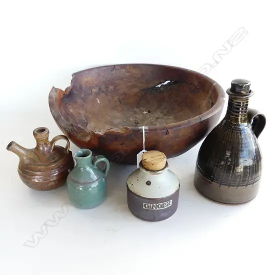 LEN CASTLE 'GINGER' JAR + P STICHBURY JUG + E LISSAMAN JUG + Don Thornley jug all in lge wood bowl