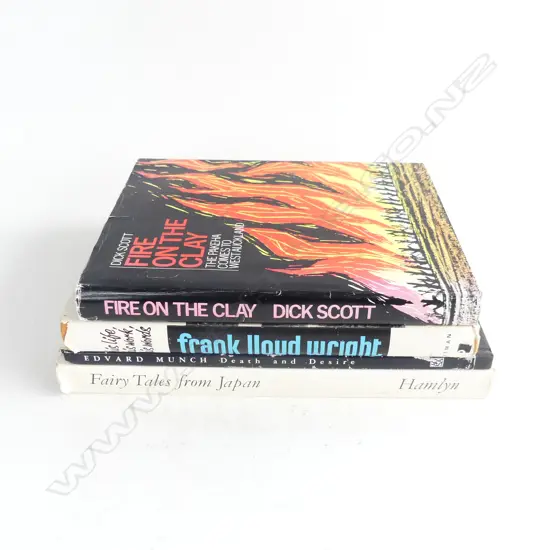 4 BOOKS: 'FIRE ON THE CLAY'by Dick Scott + Frank Lloyd Wright + Edvard Munch + Fairy Tales Japan